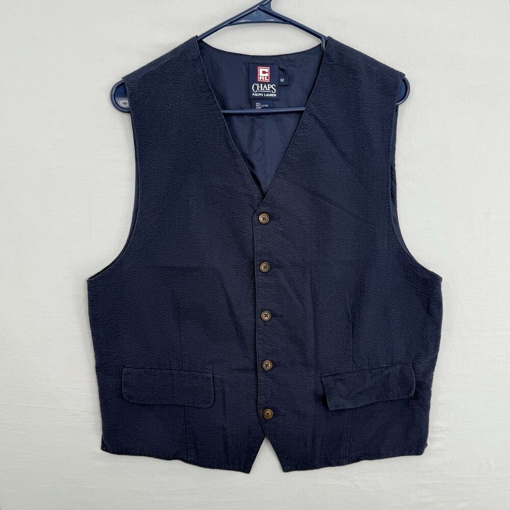 Vintage Chaps Ralph Lauren Vest Mens Medium Blue Seersucker Cotton Waistcoat 90s